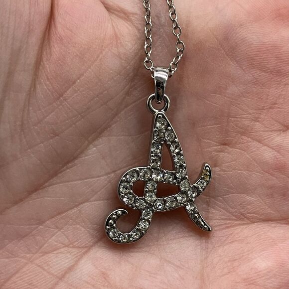 Silver Tone Initial A Necklace 16 in Clear Crystal Rhinestone Dainty Pendant - Picture 5 of 7